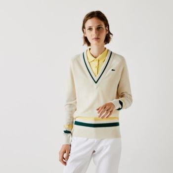 Lacoste SPORT Recycled Cashmere V-neck Golf Sweater - Svetr Dámské Bílé / Žluté / Zelene | CZ-af0YRx